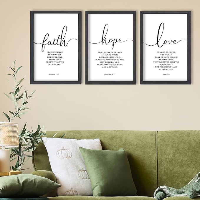 FZMHASLWW Faith Hope Love Sign Wall Decor 24"×16" Set of 3 Bible Verse Christian Scripture Wooden Framed Wall Hanging Art (Black)