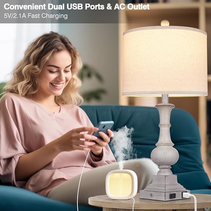 Farmhouse Lamps Set of 2, 26" Vintage Rustic Touch Control Bedside Lamp with USB A+C Ports & AC Outlet, 3-Way Dimmable Boho Nightstand Lamp Washed Resin Linen Fabric Shade for Living Room Bedroom Grey