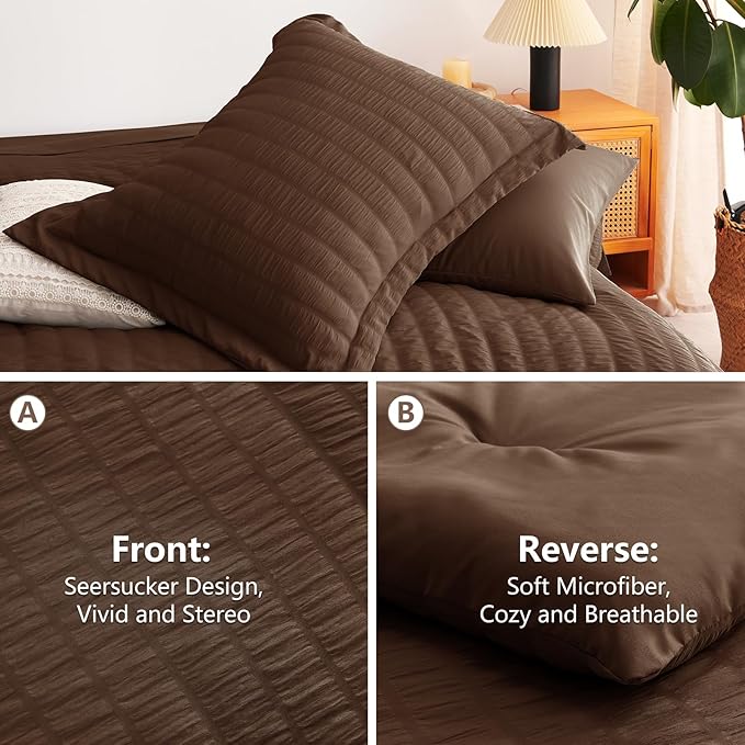 CozyLux Queen Comforter Set Brown Seersucker 7 Pieces Bed in a Bag Queen Comforter Set with Sheets, Luxury Soft Bedding Set with Down Alternative Comforter, Sheets, Pillowcases & Shams for All Seasons