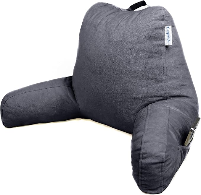 ComfortSpa Reading Pillow for Bed Adult Size, Back Rest Pillow with Arms, Pockets and Washable Cover; Use as a Back Pillow for Bed Sitting Up for Bedrest or Relief from GERD Heartburn (Large Grey)