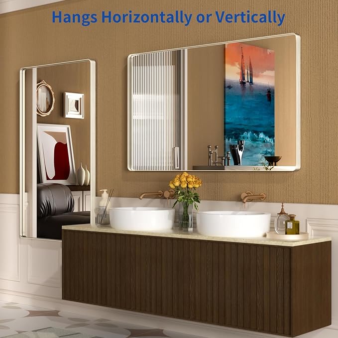 WEER 60X36 Inch Brushed Nickel Bathroom Mirror, Brushed Silver Metal Frame Mirror, Rounded Rectangle Silver Bathroom Vanity Mirror, Tempered Glass, Anti-Rust, Hangs Horizontally or Vertically
