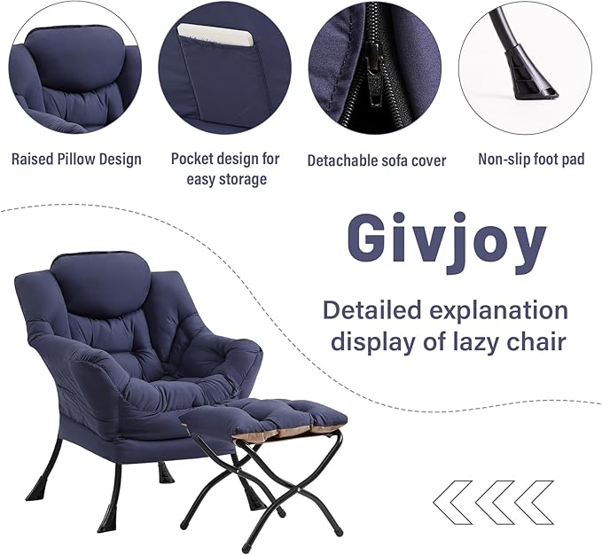 Cozy Lazy Chair and Ottoman, Large Contemporary Accent Lounge Chair Set, Leisure Upholstered Reading Armchair for Bedroom, Living Room, Dorm Rooms, Office