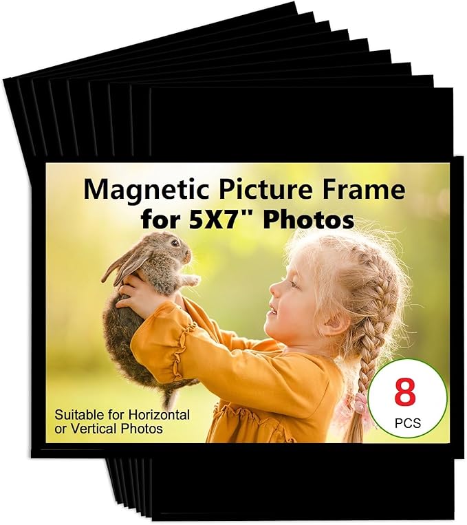 Black Magnetic Picture Frame 5X7 for Refrigerator-8 Pack,Black Photo Magnets Sleeves with Matte Film Cover,Less Reflection