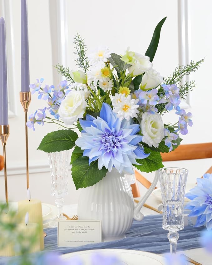 Nubry Fake Artificial Flowers Bouquet,Faux Silk Dahlia Flower Bouquet Floral Arrangement Fake Plant Decor for Tables Centerpieces,Home Office Party Wedding Decor(Blue)