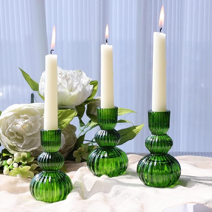 Woho Candlestick Holders Set of 6 for Christmas Decorations, 4.3" Ribbed Glass Taper Candle Holders for Spring Wedding Table, Vintage Candle Sticks Holder Decor for St. Patrick's Day/Daily Home Decor