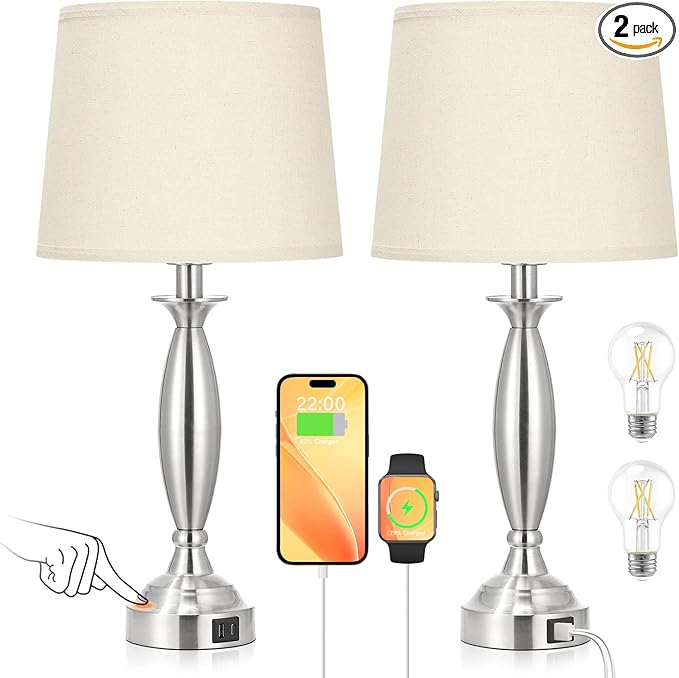 Beige Lamps for Bedrooms Set of 2 - Touch Control Bedside Lamp with USB C+A, 3 Way Dimmable Nightstand Lamps with USB Port, Table Lamp for Living Room(Beige Shade and Nickel Base)