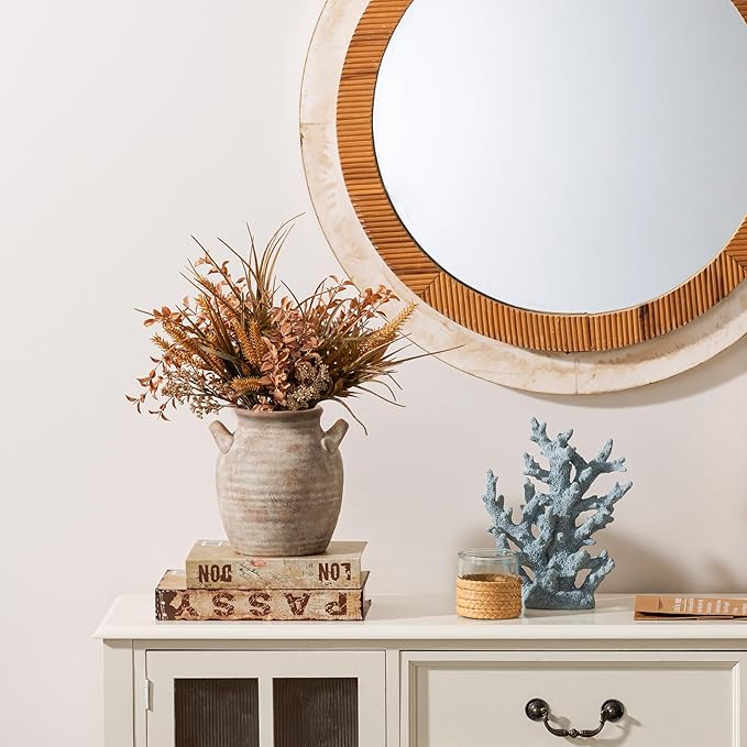 Ceramic Flower Vase Home Decor - Farmhouse Table Vases with Handle Living Room Decoration Vintage Decorative Aesthetic for Shelf Coffee Dining Desk House Bookshelf Fireplace (7.1" Retro)