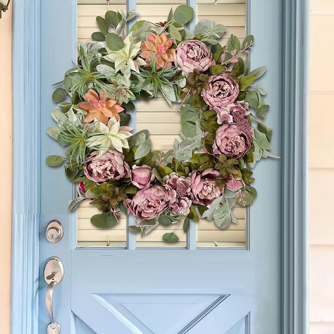 WANNA-CUL 24 Inch Spring Peony Wreaths for Front Door,Succulent Summer Wreath with Pink Peony Floral, Spring Front Door Decor with Succulent Arrangement Decoration