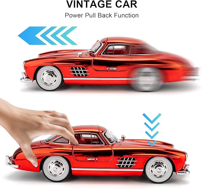 1/24 300SL Diecast Car Model Toy, Collectible 300SL Vintage Car with Sound and Light, Zinc Alloy Pull Back Toy Vehicle for Adult Boys Girls (Red)