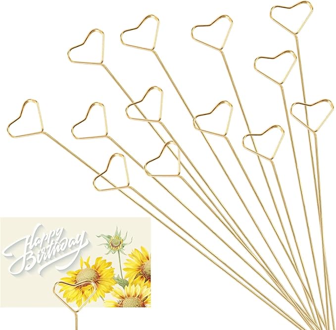 20 Pcs Floral Card Holder Picks, Heart Picture Holders, Photo Holder Pick Stick, Gold Floral Place Card Holder, Floral Picks Clips, Photo Picture Holder for Weddin
