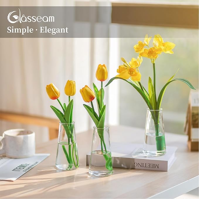 Glasseam Clear Flower Vases for Centerpieces: Modern Glass Vase Set of 12 for Wedding Party Centerpiece Home Table Decor 5.5In Small Bud Vases for Flowers Rose Tulip Stems