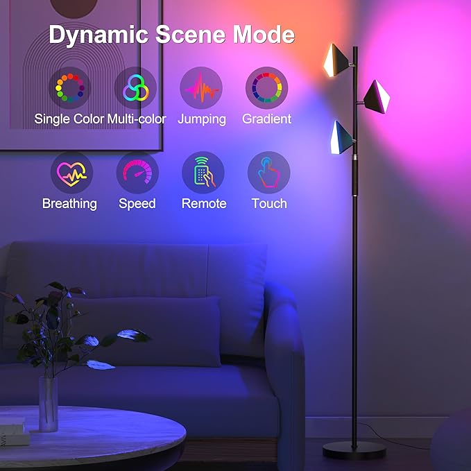 PARTPHONER RGB Tree Floor Lamp for Living Room, Stepless Dimmable Tall Standing Lamp with Remote, Touch Control and 3 Rotatable Light, Bright LED Lights for Bedroom with 4 Color-Changing, Black