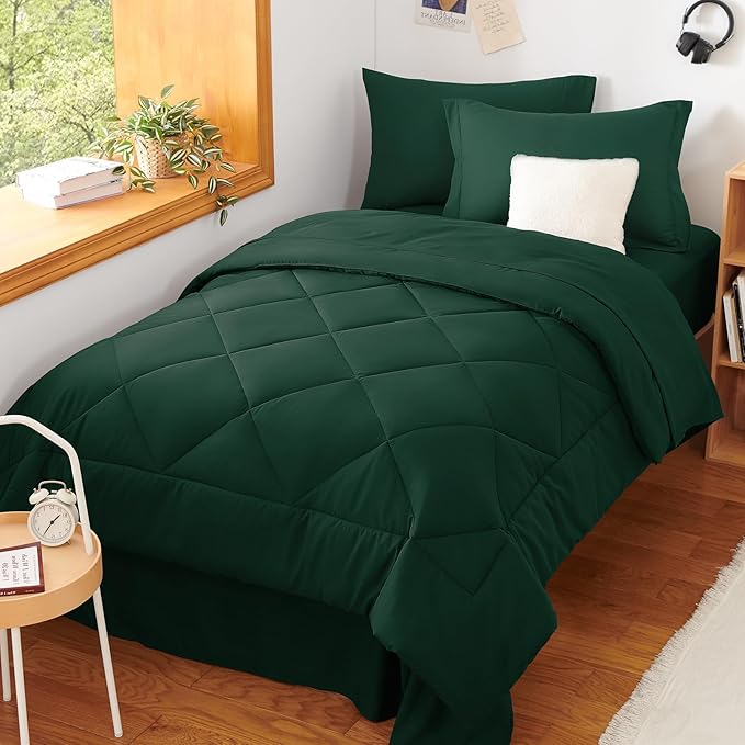 CozyLux Twin XL Comforter Set Emerald Green - 5 Pieces Twin Extra Long Bed in a Bag for College Dorm, All Season Bedding Set for Girls and Boys, Soft Bed Set with Comforter, Sheets, Pillowcase & Sham