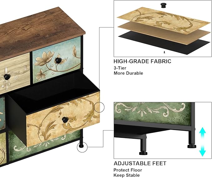 Tohomeor Dresser with Drawers for Bedroom Chest of Drawers Fabric Dresser for Closet,Nursery Entryway Hall Tree TV Stand for Living Room Retro Floral Pattern Drawers Wooden Top (7 Drawers)