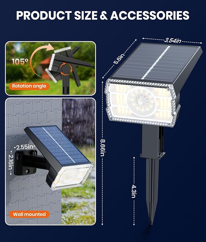 Solar Powered Spotlights Outdoor 1 Pack,IP67 Waterproof Wall&Ground Solar Lights Outside,3 Colors+3 Modes,Dusk to Dawn Flood Lights for Driveway/Garden/Pathway/Tree/Patio/Yard Decor Landscape Lighting