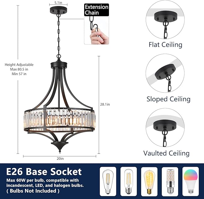 Modern Black Crystal Chandelier, 20 Inch Large Ceiling Pendant Light Fixture with 50'' Adjustable Hanging Chain, 5-Light Farmhouse Chandelier for Dining Room, Living Room, Bedroom, Entryway