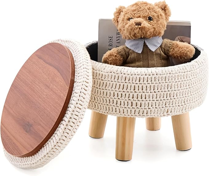 Wimarsbon Pouf Ottoman, 100% Cotton Knitted Boho Footstool, Round Footrest with Non-Skid Wood Legs, Home Décor Handmade Pouffe, Leisure Floor Step Stool for Living Room (Storage Beige)