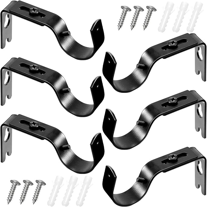 Frienda 6 Pcs Curtain Rod Brackets Adjustable Holder Wall for 1 Inch Diameter Curtain Rod General Bracket Hooks with Screws (Black)
