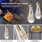 Modern Raindrop Pendant Lights, Brass Cluster 2-Light Pendant Lights Kitchen Island, Gold Bedside Pendant Lighting, Adjustable Suspension Cord for Dining Room,Bathroom,Bedroom,Bulb Included