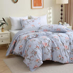 ABREEZE Floral Duvet Cover King Size Set Bird Flowers Bedding Set 100% Brushed Cotton Bedding Collection 1 Duvet Cover with 2 Pillowcases Grey