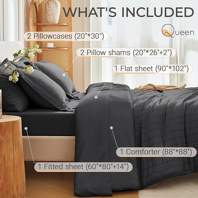 MUXHOMO 7 Pieces Queen Comforter Set, Seersucker Bed in a Bag Queen Size, All Season Luxury Bedding Set with Comforter, Flat Sheet, Fitted Sheet, Pillowcases & Shams, Dark Grey