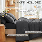 MUXHOMO 7 Pieces Queen Comforter Set, Seersucker Bed in a Bag Queen Size, All Season Luxury Bedding Set with Comforter, Flat Sheet, Fitted Sheet, Pillowcases & Shams, Dark Grey