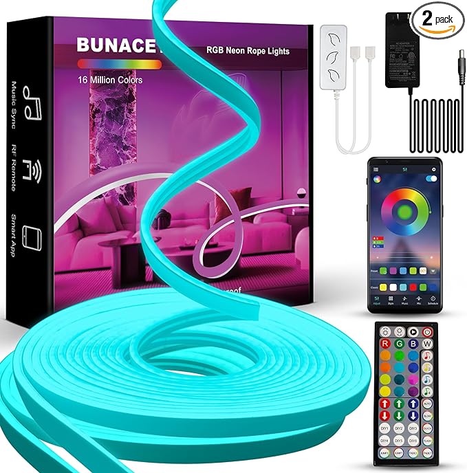 52FT LED Neon Rope Lights, RGB Strips Light with RF Remote & APP Control,Flexible IP67 Waterproof Outdoor, Music Sync,DIY Design,24V LED Strip Lights for Gaming Wall Christmas Decor-2 Rolls