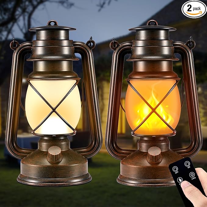 Battery-Powered 2 Modes Lighting LED Vintage Lanterns Decorative Outdoor & Indoor, 2 Pack Bronze Lights with Dancing Flame, Waterproof Remote Control Retro Lanterns Decor for Room,Garden,Porch