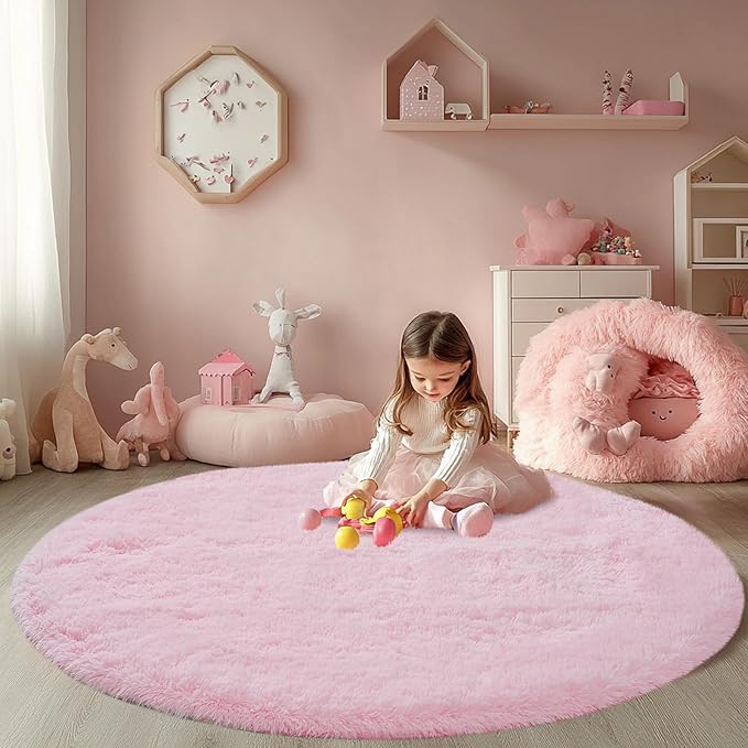 Round Fluffy Pink Rug 4x4ft: Ultra Soft Furry Girls Bedroom Carpet- Oval Plush Rug for Girls Room & Kids Room, Nursery (4ft, Pink)
