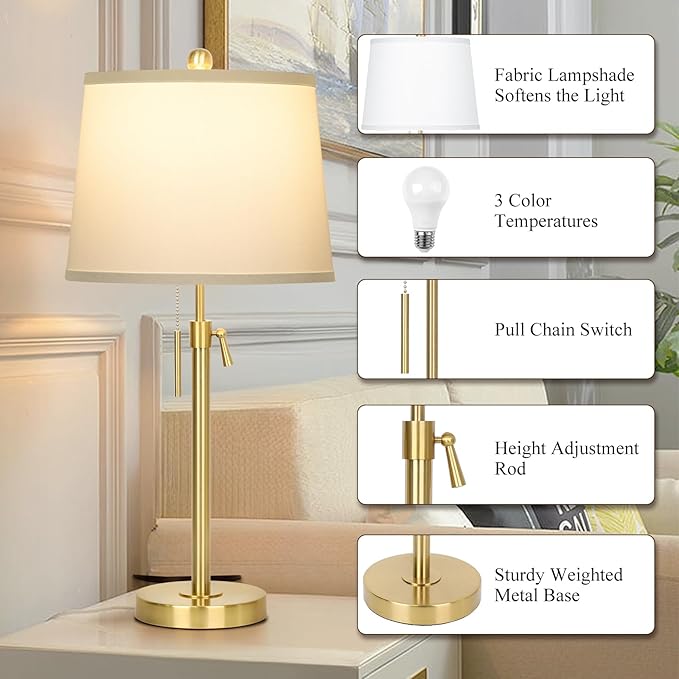2 Pack 22"-30" Adjustable Height Table Lamps Set, Modern Gold Table Lamps with White Shade 3 Colour Temperature Pull Chain Tall Lamps for Living Room Bedroom Bedside End Table Nightstand