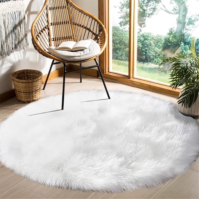 Goolela Round Rugs 6ft White Circle Rugs for Living Room Fluffy Round Rug Fuzzy Faux Fur Rug Washable Shag Rug Plush Throw Rug for Bedroom Large Rug Home Decor