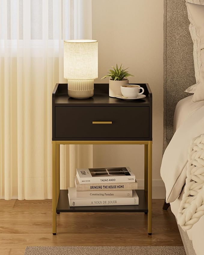 Masupu Nightstand,Bedside Table 3-Tier Modern Night Stand with Storage Drawer and Shelf,Small End Side Table for Bedroom,Living Room,Black (Without Outlet, Black)