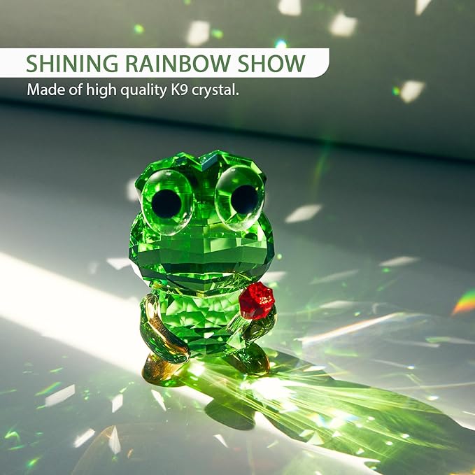 Crystal Frog Figurine with Red Rose - Art Glass Animals Desk Decor & Home Office Ornament, Handmade Glass Collectible Gifts