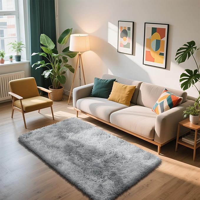 Shag Area Rug for Bedroom 3x5,Fluffy Area Rugs for Living Room,Soft Fuzzy Rug Non-Shedding Indoor Plush Carpet for Kids Bedroom Nursery Dorm Home Decor,Tie-Dyed Grey