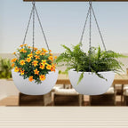 10 inch Hanging Planters for Indoor Outdoor Plants, 2 Pack Hanging Flower Pots with Drainage Holes and Chain for Garden Balcony Porch, Round Plastic Hanging Baskets for House Plants, White