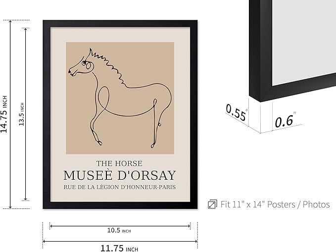 Poster Master Vintage Poster - Retro Minimalist Print - Gift for Artist, Friend - Horse, Line Drawing, Sketch, Abstract - Wall Decor for Living Room, Bedroom, 11x14 Black Framed