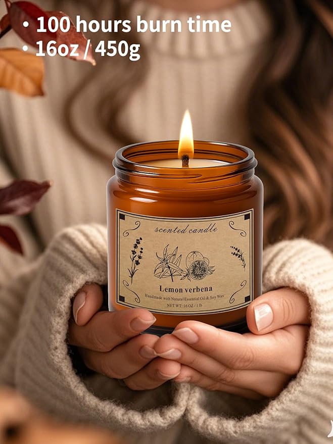 Scented Candles for Home, 16oz Large Jar Scented Candle – Lemon Verbena Soy Wax Candle with 100 Hour Burn Time, Long Lasting Aromatherapy Candle for Home Fragrance, Relaxation & Gift for Women/Men