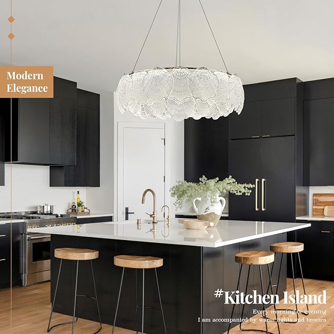 LED Crystal Glass Chandelier Dimmable Round Dining Room Chandelier Over Table Modern Gold Chandelier Lighting Fixture for Home Office Bedroom Living Room Kitchen 24in, 55W with Remote Control