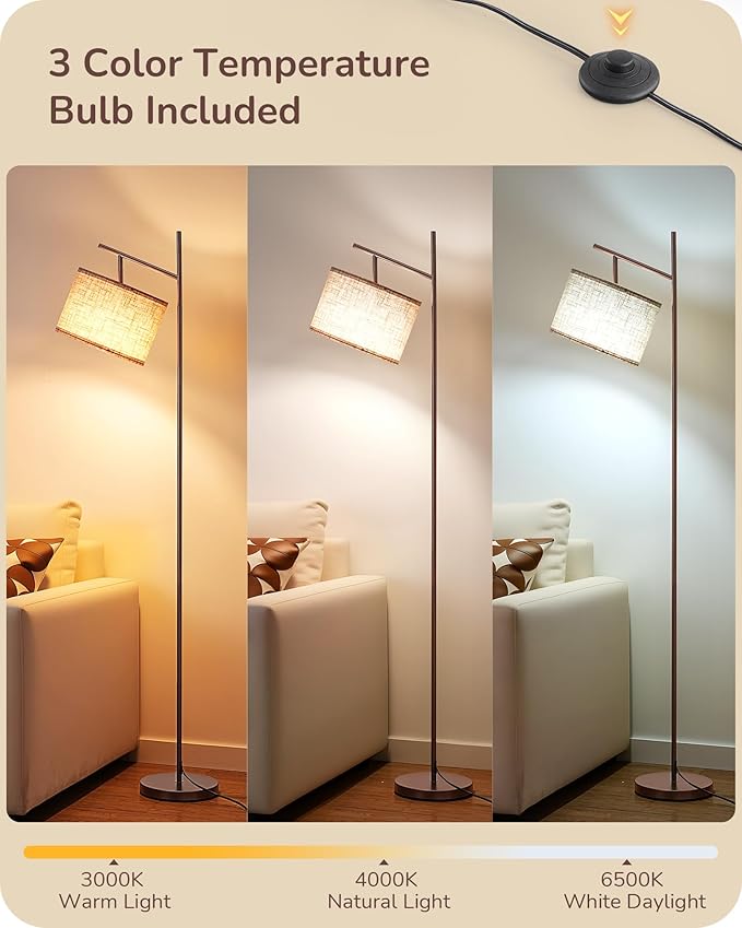 EDISHINE 64.7" Modern Minimalist Floor Lamps for Living Room with 3 Color Temperatures Bulb & Adjustable Linen Shade, Foot Pedal Switch, Tall Standing Lamp for Bedroom Office, Brown