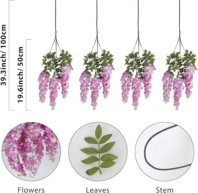 4PCS Artificial Wisteria Hanging Flowers 40'' Tall Lush Fake Wisteria Flowers for Floor Vases Silk Flowers for Wedding Arch Ceremony Window Box Home Garden Backdrop Decoration (Purplish Red)
