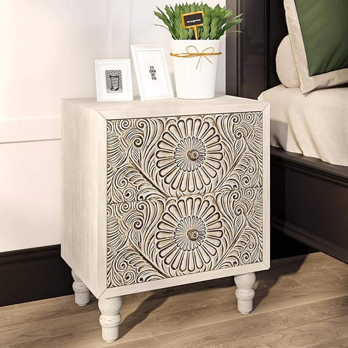 HOMPUS 2-Drawer Farmhouse Nightstand, Fully Assembled Boho Night Stand, Vintage Accent End Table Bedside Table, Small Nightstand Organizer for Bedroom, Laundry, Distress White