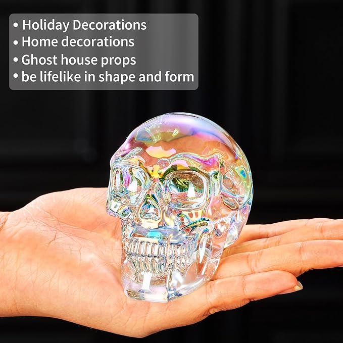 Crystal Halloween Skull Skeleton Decor, Glass Skull Gifts for Men Home Decorations with Gift Box, Art Glass Day of The Dead Skull Halloween Paperweights Collectibles (Clear)