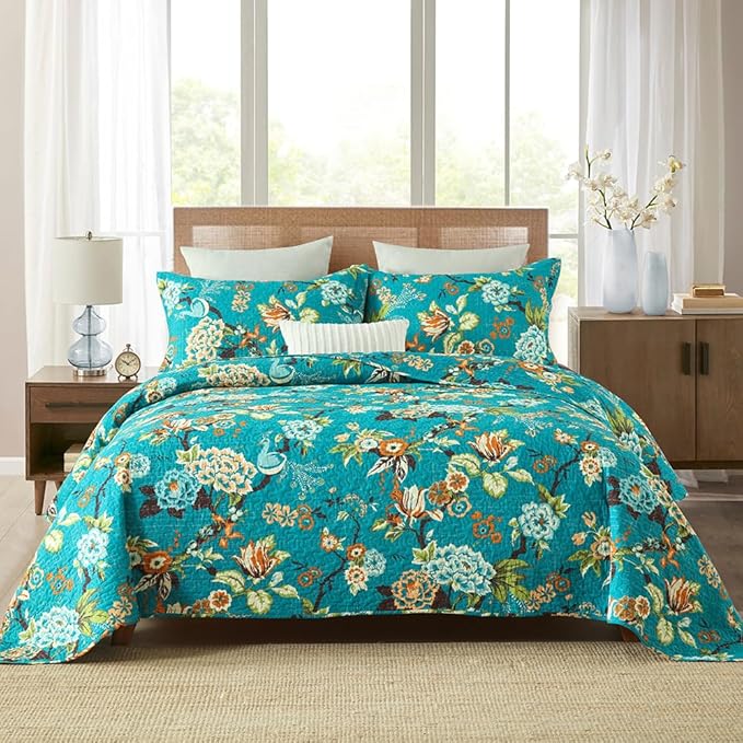 ENASAL Cotton Bedspread Quilt Sets Reversible Bedding Coverlet Sets Comforter, Vintage Floral Farmhouse Pastoral Turquoise Bedspread, Queen Size