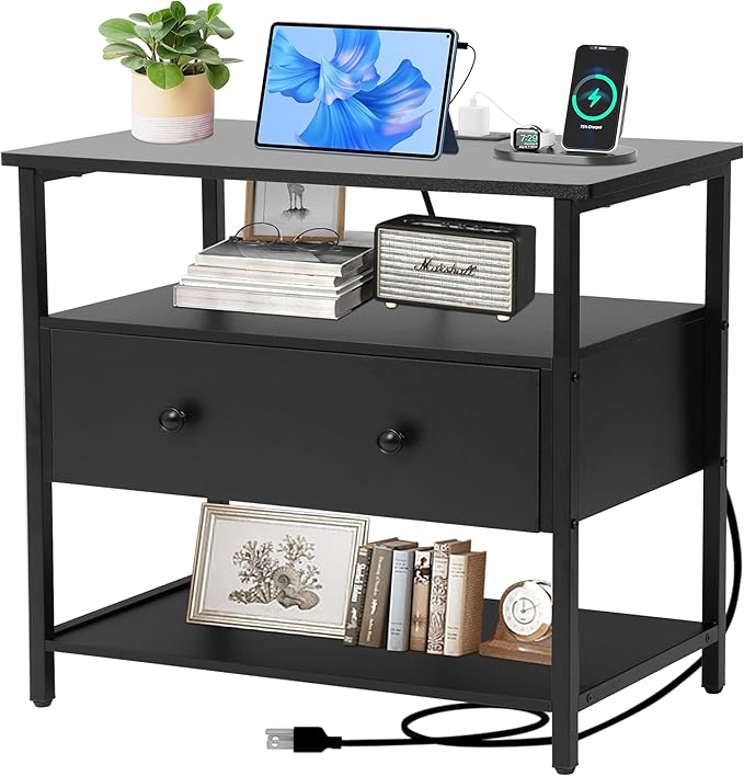 27 Inch Wide Night Stand with Charging Station, Wood Nightstand with Open Shelf, Large Drawer Bedside Table for Living Room/Bedroom/Office (Black)