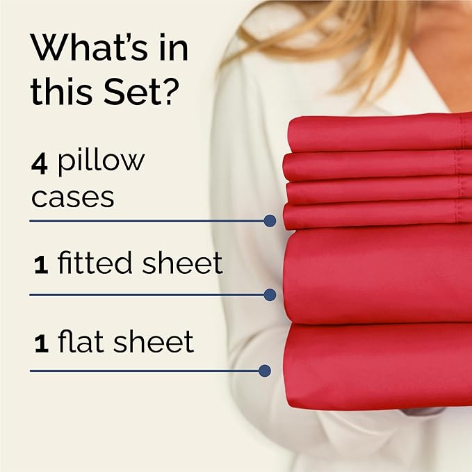 King Sheets Set 6 Piece - Includes 4 Pillowcases - Bed Sheets King Size - Soft Hotel Luxury Bedding - Cooling, Comfy, Fade Free & Breathable - 1 Flat & 1 Fitted & 4 Pillowcases w/ Deep Pockets - Red