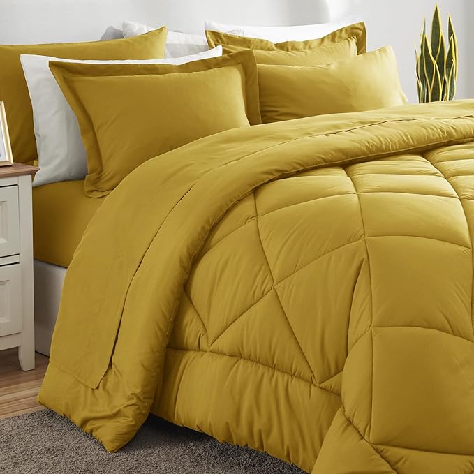 CozyLux Full Size Comforter Sets Mustard Yellow - 7 Pieces Bed in a Bag Full, Luxury Soft Bed Set for All Seasons, Bedding Set with Down Alternative Comforter, Sheets, Pillowcases & Shams