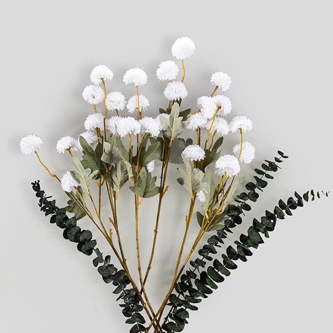 6 Artificial Silk Flowers + 3 Eucalyptus, Artificial Chrysanthemums with Stems for Home Decor, Ivory