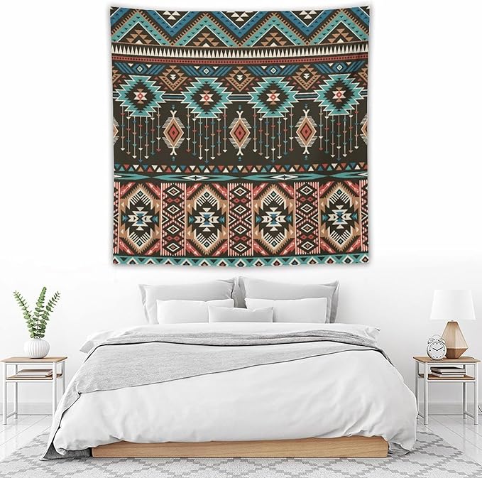HZOHNAGO Aztec Tapestry Turquoise Blue and Brown and Native American Tribal Pattern Printed Wall Tapestry Wall Hanging for Bedroom Living Room Dorm 60" W x 60" H