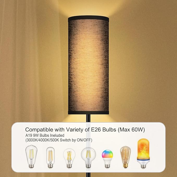 BoostArea Floor Lamps for Living Room, Dimmable floor lamp with 3 Color Temperatures Bulb, Black LED Floor Lamp, Modern Standing Lamp for Bedroom/Office/Study/Farmhouse(9W LED Bulb, Black Linen Shade)