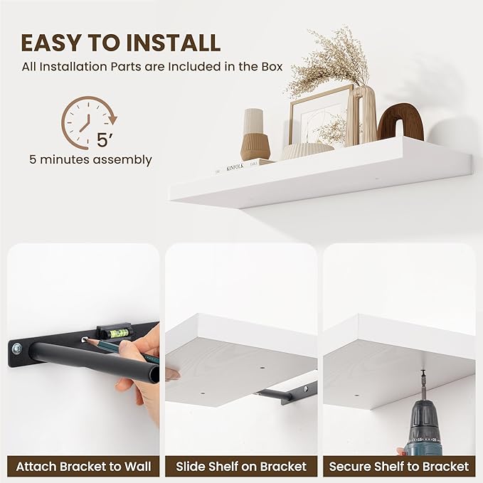 Fun Memories Floating Shelves for Wall 10 Inch, 10 Inch Deep Square Wall Shelves, Bathroom Storage Shelves Over Toilet, Wood Floating Shelves for Living Room Bedroom, White, Set of 2